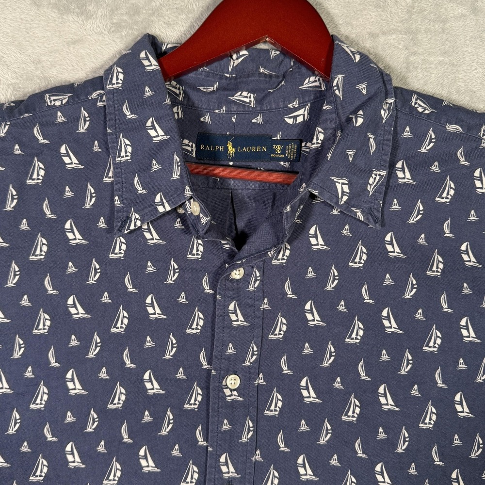 Ralph Lauren Shirt Mens 3XB 3XL Big Blue Sailboat Print Short Sleeve Button Up